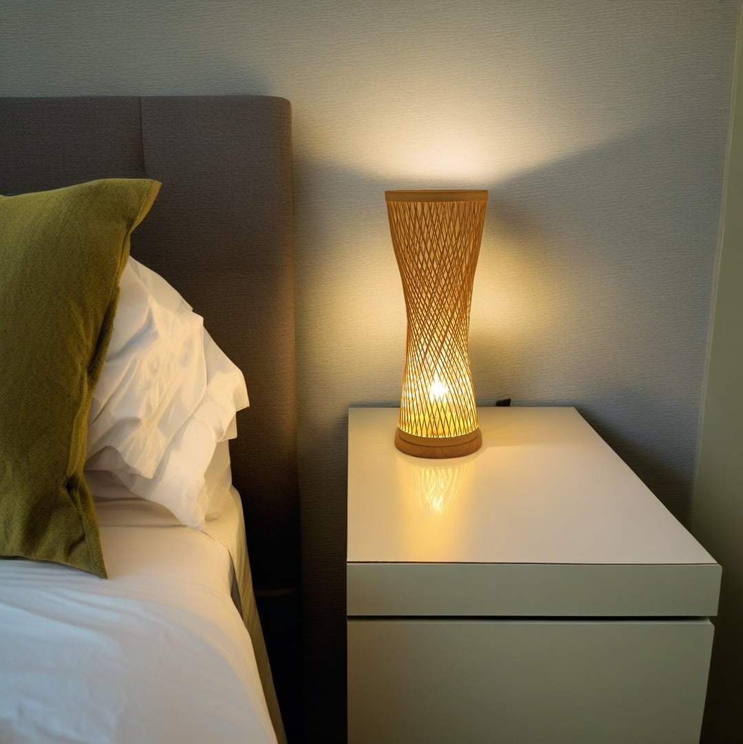 Moderner Bambus-Webzylinder 1 - Tischlampe aus hellem Holz 