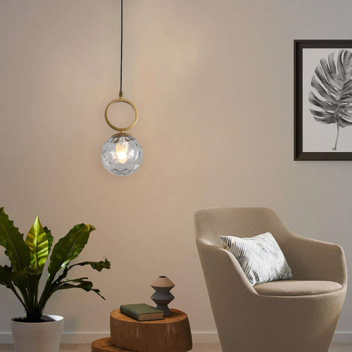 Lámpara colgante de una luz con anillo de bola de hierro de vidrio nórdico contemporáneo para mesita de noche 