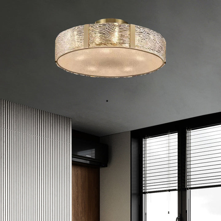 Contemporary Luxury Round Brass Glass 5/9/12 Light Semi-Flush Mount Ceiling Light For Living Room