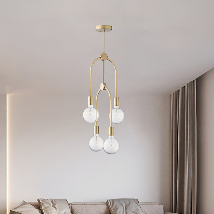 Moderner minimalistischer 4-flammiger Kronleuchter aus Aluminium, Eisen und Glaskugeln für das Wohnzimmer 