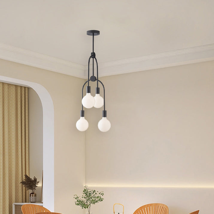 Moderner minimalistischer 4-flammiger Kronleuchter aus Aluminium, Eisen und Glaskugeln für das Wohnzimmer 
