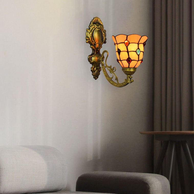 Traditionelle Tiffany Eisen Kristall Glasmalerei Blume 1-Licht Wandleuchte Lampe für Wohnzimmer 