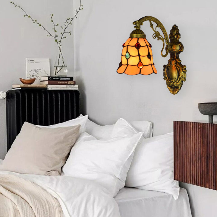 Traditionelle Tiffany Eisen Kristall Glasmalerei Blume 1-Licht Wandleuchte Lampe für Wohnzimmer 