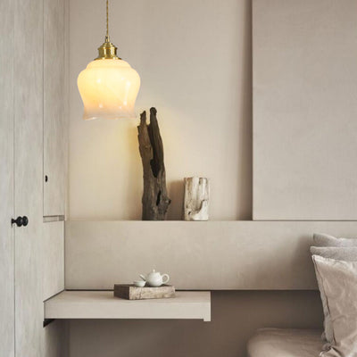 Lámpara colgante de 1 luz de vidrio de latón en forma de flor minimalista moderna para dormitorio 