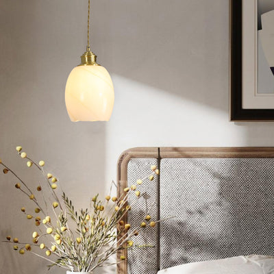 Lámpara colgante de 1 luz de vidrio de latón en forma de flor minimalista moderna para dormitorio 