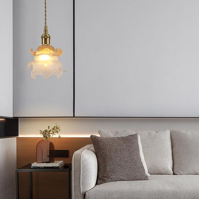 Lámpara colgante de 1 luz de vidrio de latón en forma de flor minimalista moderna para dormitorio 