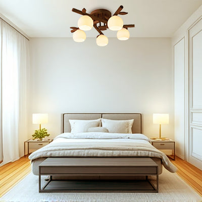 Traditioneller japanischer runder Fächer Holz Glas 3/5/8 Licht Semi-Flush Mount Deckenleuchte für Wohnzimmer 