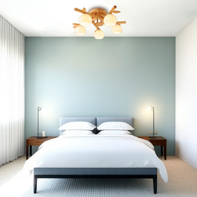Traditioneller japanischer runder Fächer Holz Glas 3/5/8 Licht Semi-Flush Mount Deckenleuchte für Wohnzimmer 