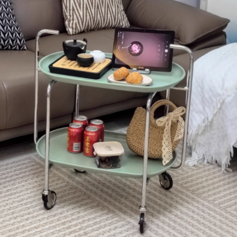 モダンミッドセンチュリーオーバルABSトレイトップステンレススチールエンドテーブル2段ローリングカートリビングルーム用 