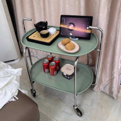 モダンミッドセンチュリーオーバルABSトレイトップステンレススチールエンドテーブル2段ローリングカートリビングルーム用 