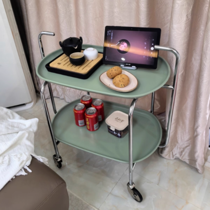 モダンミッドセンチュリーオーバルABSトレイトップステンレススチールエンドテーブル2段ローリングカートリビングルーム用 