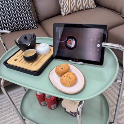 モダンミッドセンチュリーオーバルABSトレイトップステンレススチールエンドテーブル2段ローリングカートリビングルーム用 