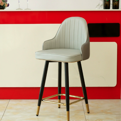 Taburete de bar de metal con asiento de cuero Nappa curvado de lujo contemporáneo, respaldo y reposapiés para comedor 