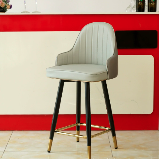 Taburete de bar de metal con asiento de cuero Nappa curvado de lujo contemporáneo, respaldo y reposapiés para comedor 