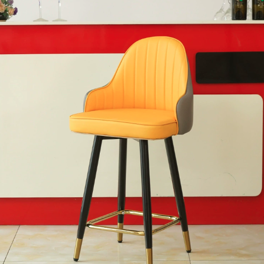 Taburete de bar de metal con asiento de cuero Nappa curvado de lujo contemporáneo, respaldo y reposapiés para comedor 