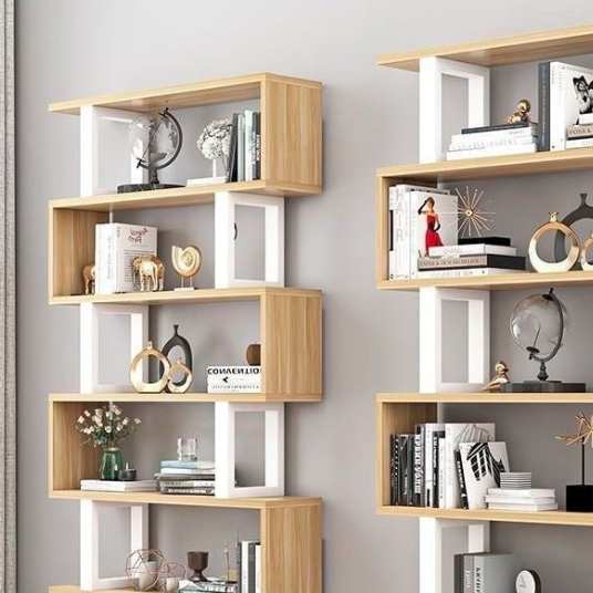 أرفف كتب خشبية فولاذية طبيعية عمودية هندسية اسكندنافية معاصرة 3/4/5/6 طبقات تصميم مفتوح الظهر لأرفف قائمة للمكتب المنزلي 