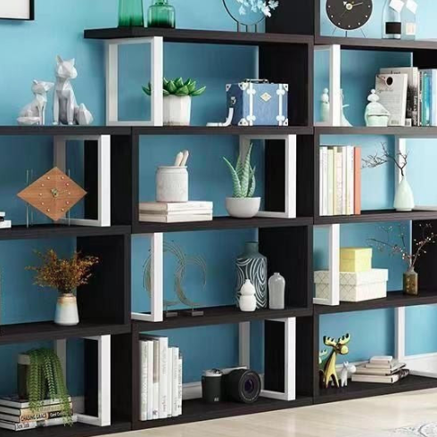 أرفف كتب خشبية فولاذية طبيعية عمودية هندسية اسكندنافية معاصرة 3/4/5/6 طبقات تصميم مفتوح الظهر لأرفف قائمة للمكتب المنزلي 