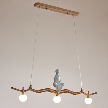 Traditional Chinese Zen Resin Hardware Branch Pine Tree Decoration 3-Light Chandelier Island Light For Living Room