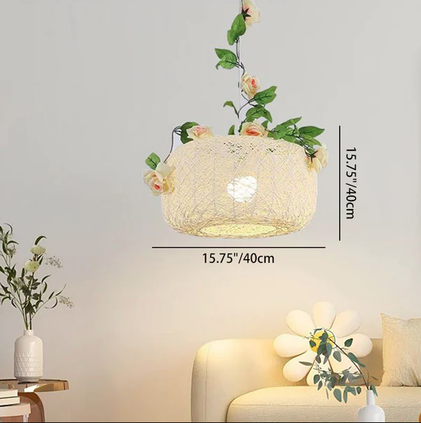 Modern Art Deco Iron Rattan Weaving Floral Shade Leaves Decoration 1-Light Pendant Light For Living Room