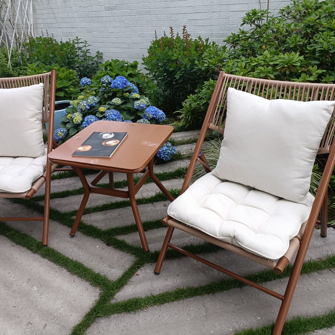 Traditional Chinese Square Carbon Steel Tempered Glass PE Rattan Table &amp; Chair Set Foldable Backrest For Outdoor Patio
