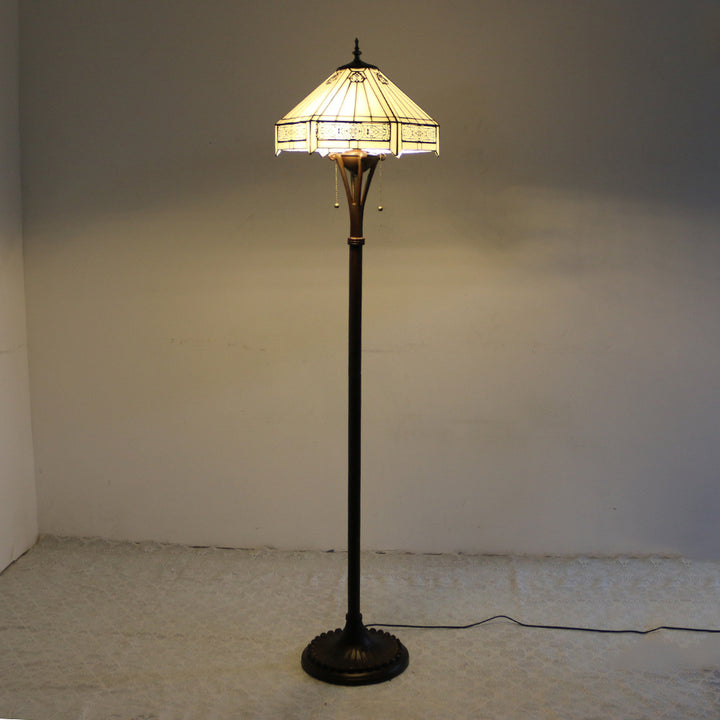 Lampe de sol traditionnelle Tiffany en résine avec dôme semi-circulaire en verre, motif de vache et fleur en diamant à 2 lumières pour salle à manger 