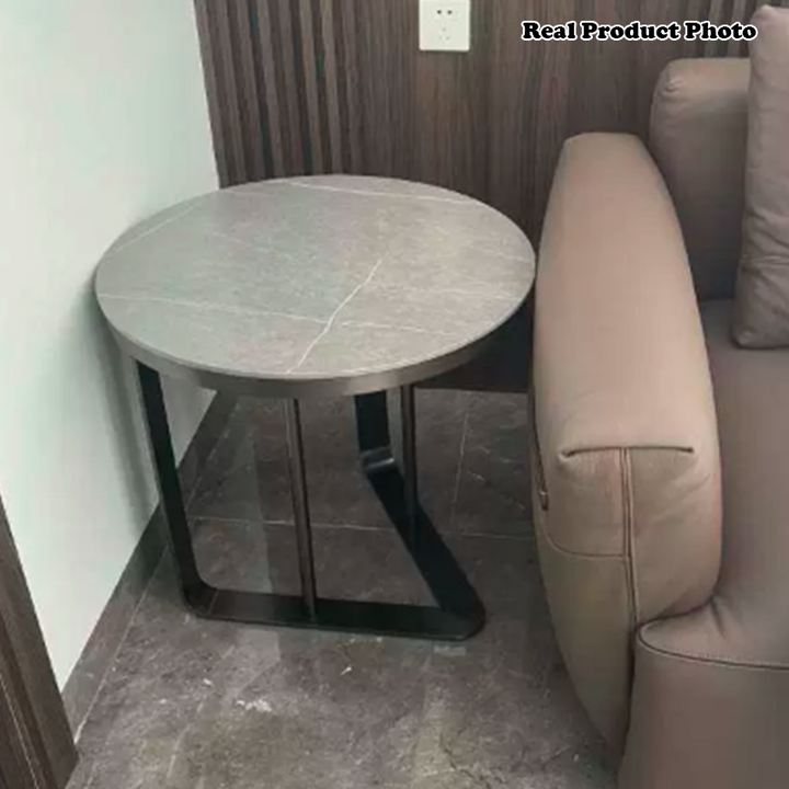 Modern Simplicity Round Triangle Base Rock Slab Stainless Steel End Table For Living Room