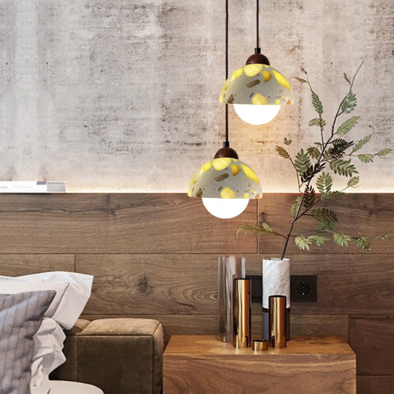 Moderne minimalistische runde Halbkugel Zement Massivholz 1-Licht Pendelleuchte für Schlafzimmer
