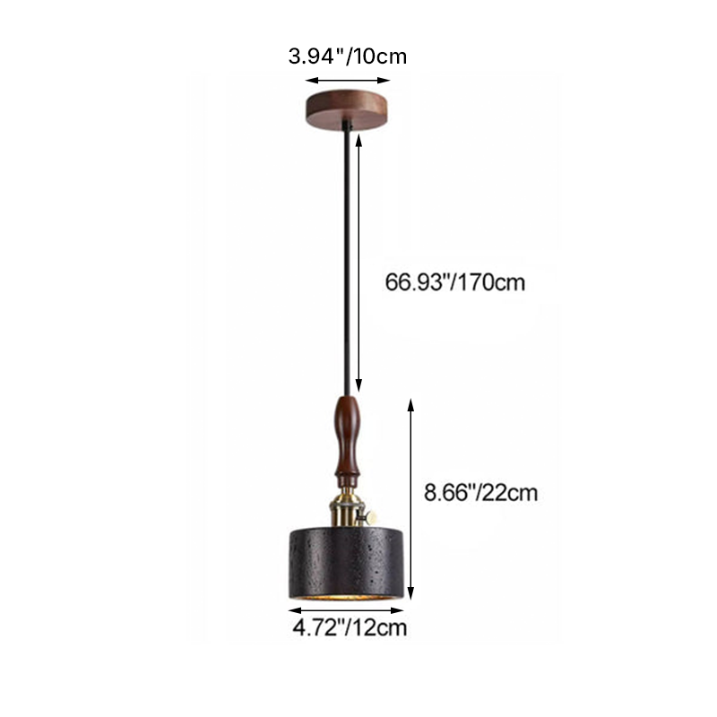 Traditional Japanese Travertine Oak Wood Copper Aluminum Cylinder Liftable 1-Light Pendant Light For Bedside