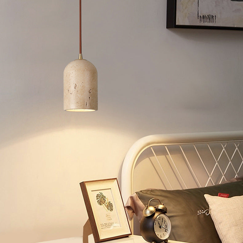 Luz colgante contemporánea escandinava cilíndrica media esfera de travertino y roble de 1 luz para dormitorio 