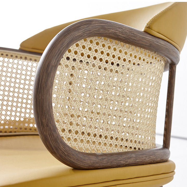 Traditioanal Vintage Weaving Microfiber Leather Ash Wood Rattan Sponge Square Hug Dining Chair Backrest Armrest For Dining Room