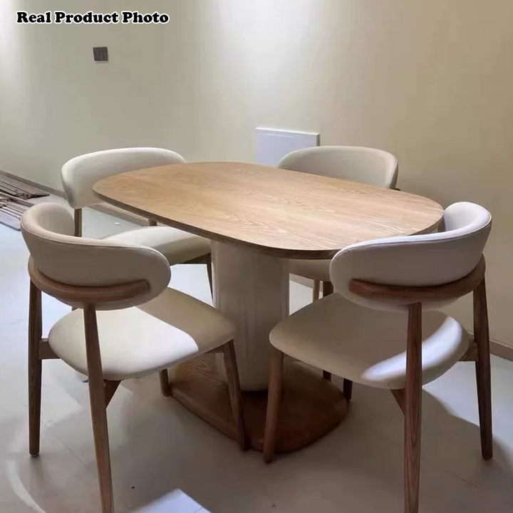 Traditional Japanese Elliptical Oak Wood Cat Scratch Leather Dining Table &amp; Chair Set For 4/6 Seats
