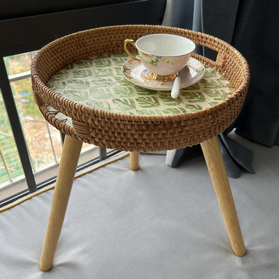Table d'appoint ronde en bois et rotin fait main rustique traditionnel pour salon 
