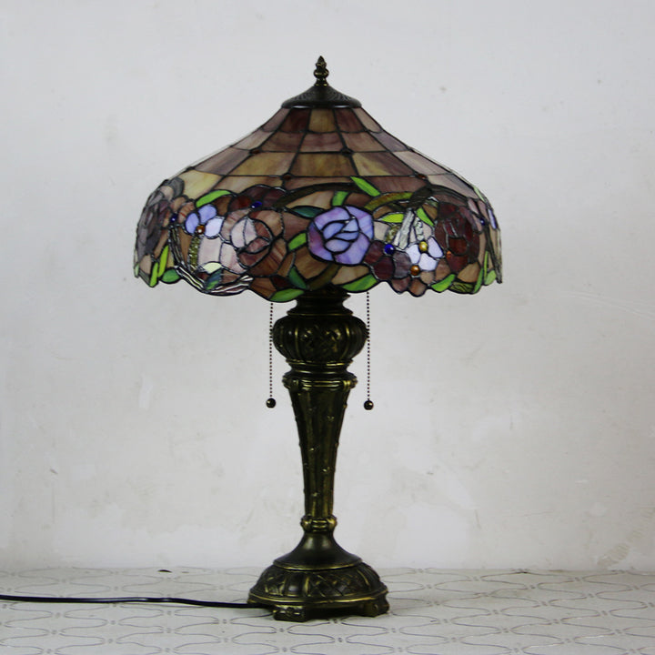 Traditional Tiffany Resin Glass Dome Hemispheric Flower 2-Light Table Lamp For Bedside