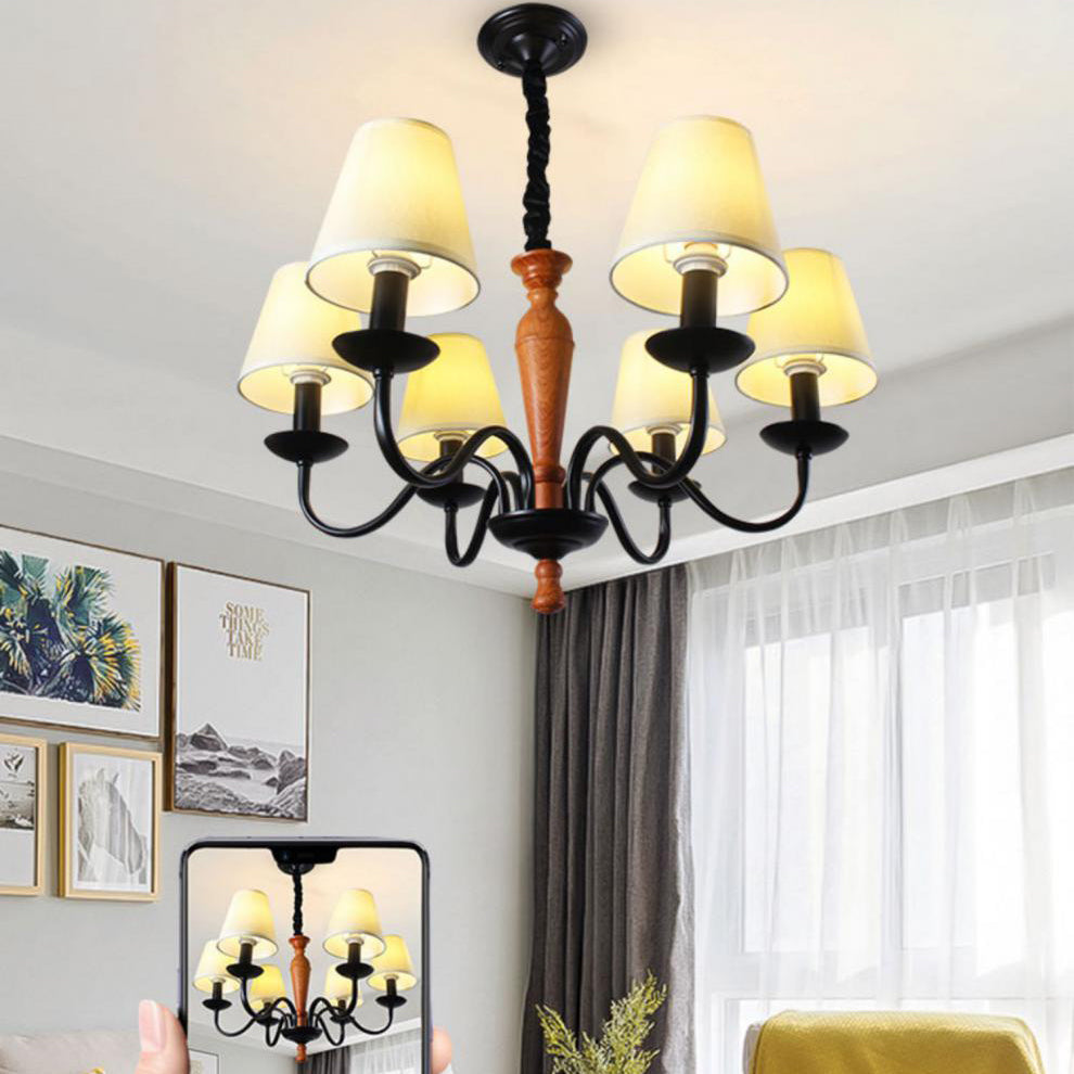 Contemporary Scandinavian Curved Rod Trapezoidal Candle Holder Iron Fabric 3/5/6-Light Chandelier For Living Room