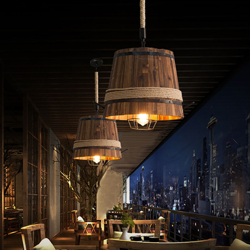Traditional Vintage Ship Wood Carving Decorative Barrel 1-Light Pendant Light For Dining Room