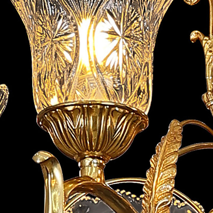 Lustre à 6 lumières en verre et cuivre avec branche de feuilles florales traditionnelles françaises pour chambre 