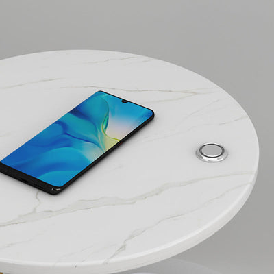 Table de chevet contemporaine nordique ronde en noyer et marbre avec fer, charge sans fil pour téléphone mobile, 2 niveaux pour le chevet 
