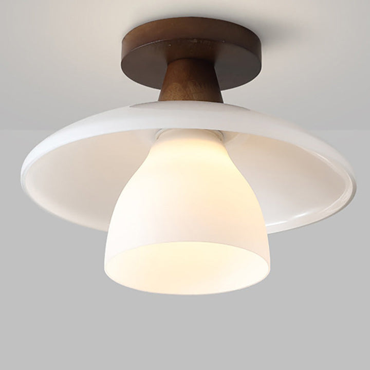 Plafonnier Semi-Encastré à 1 Lumière en Verre Rond Minimaliste Moderne avec Bois pour Salon 