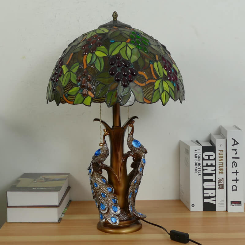 Vintage Tiffany Stained Glass Dome Peacock Base 2-Light Table Lamp