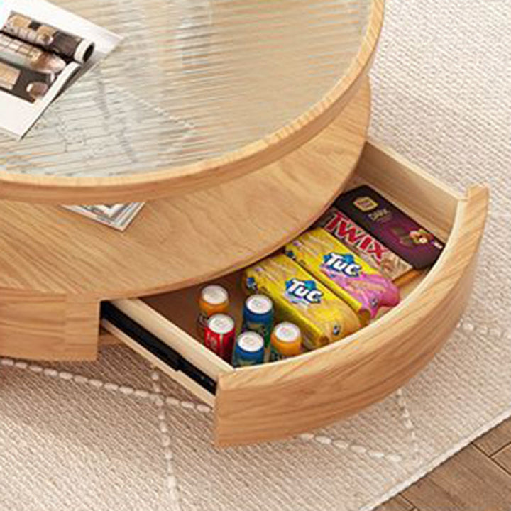 Zeitgenössischer japanischer quadratischer runder Glas-Holz-Beistelltisch 2-stufig für das Wohnzimmer 