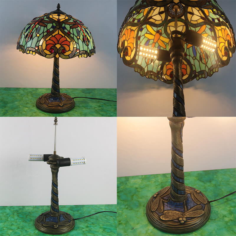 Traditional Tiffany Flower Decor Stained Glass Dome 2-Light Table Lamp For Bedroom