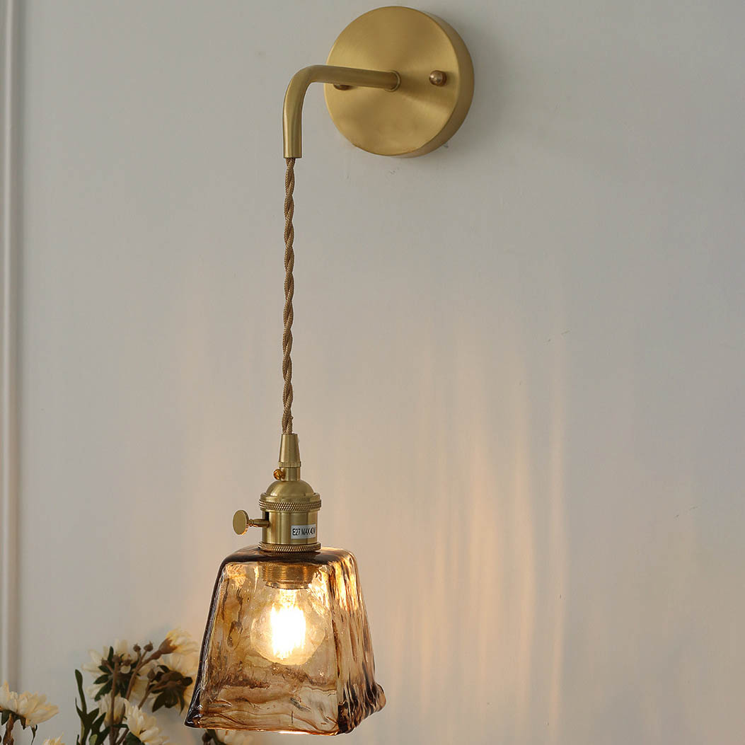 Modern Eclectic Amber Brass Glass Geometric Jar 1-Light Wall Sconce Lamp For Living Room