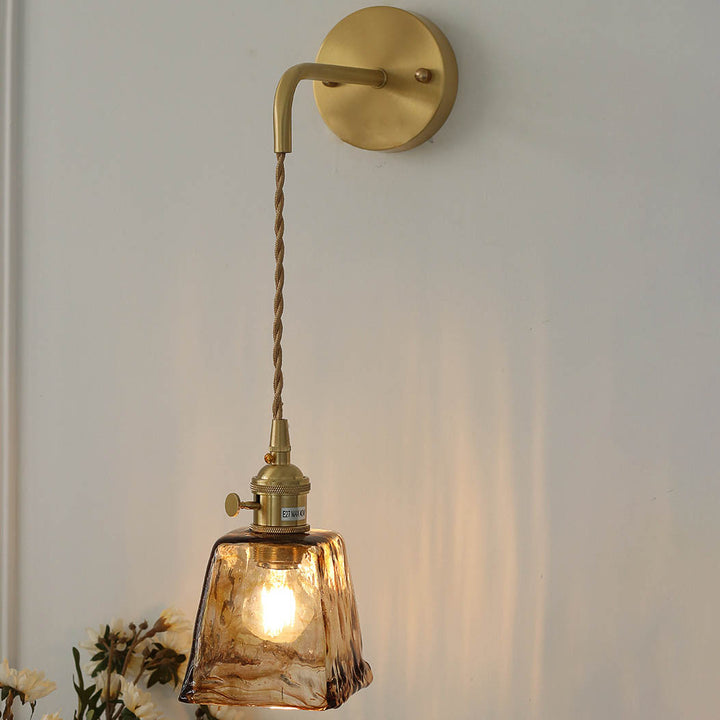 Modern Eclectic Amber Brass Glass Geometric Jar 1-Light Wall Sconce Lamp For Living Room