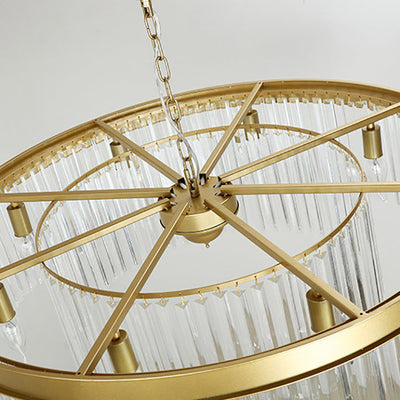 Zeitgenössischer Luxus-Kronleuchter mit Eisen-Finish, runder, abgestufter Kristallschirm, 8 Lichter, für Wohnzimmer 