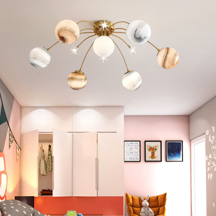 Zeitgenössische Creative Planet Kids Eisen Glas 13-Licht Semi-Flush Mount Deckenleuchte für Schlafzimmer 