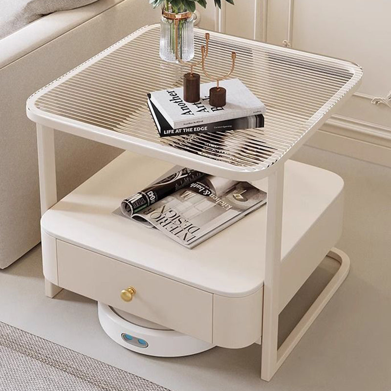 Mesa auxiliar contemporánea nórdica cuadrada de vidrio, metal y madera de 2 niveles para sala de estar 