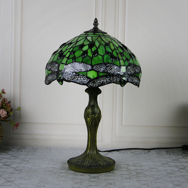 Lampe de table 1 lumière avec base en résine et vitrail Tiffany traditionnel libellule pour maison ou bureau 