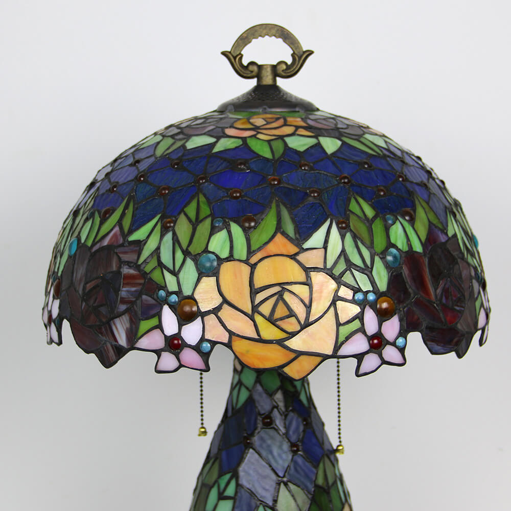 Tiffany Vintage Rosenblume Dekor Buntglas Kuppel 2-Licht Tischlampe 