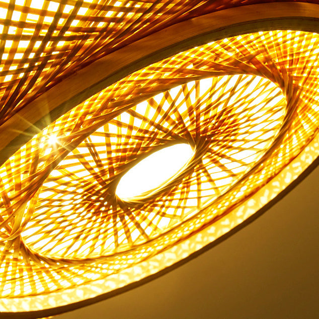 Plafonnier en bambou PVC à une lumière avec monture affleurante, style vintage traditionnel et squelette rond pour salon 