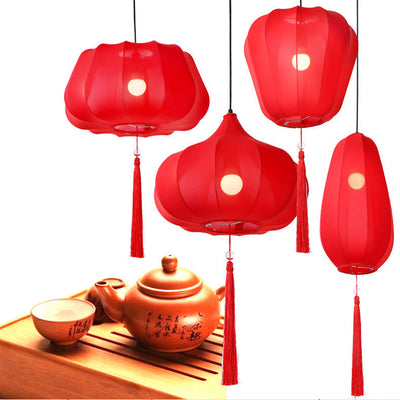 Traditionelle chinesische Laterne Stoff Eisen 1-Licht Pendelleuchte für Schlafzimmer 